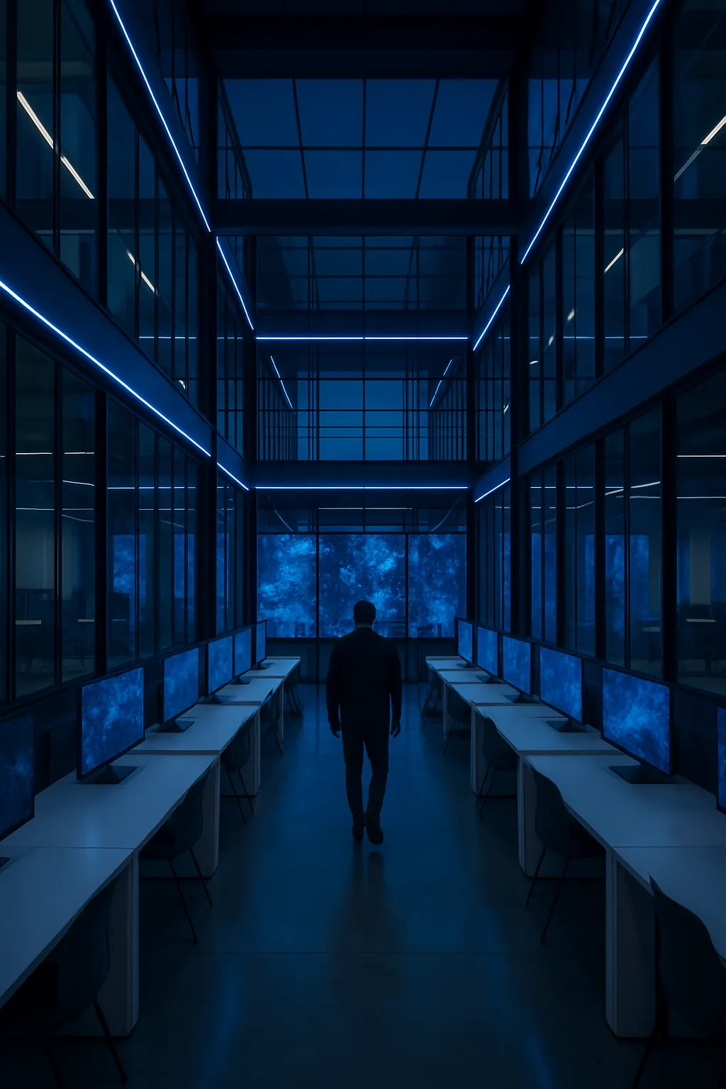 Cool coworking atrium at dusk